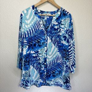 Foxcroft Blouse Women 18 Blue Floral Button Front Chiffon Office Career Work